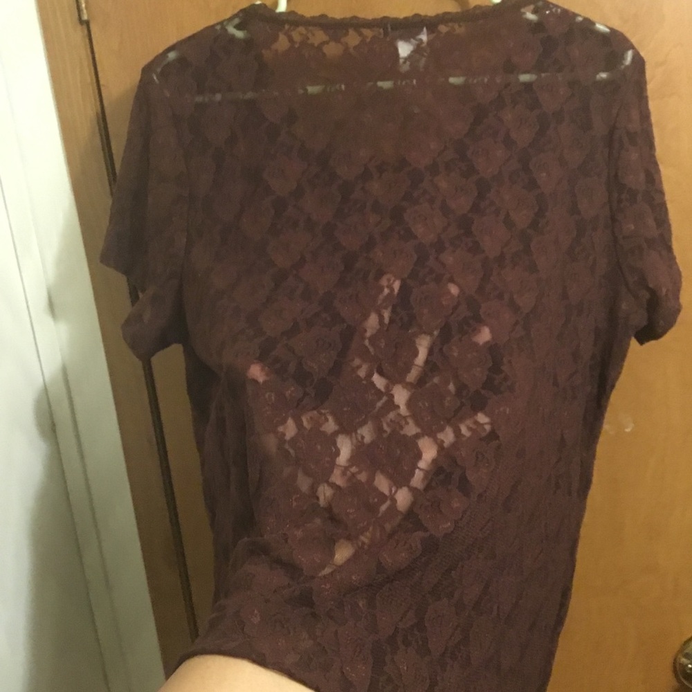 Women’s Lace Overlay Short Sleeve Tee - Brown 2X - Picture 5 of 5